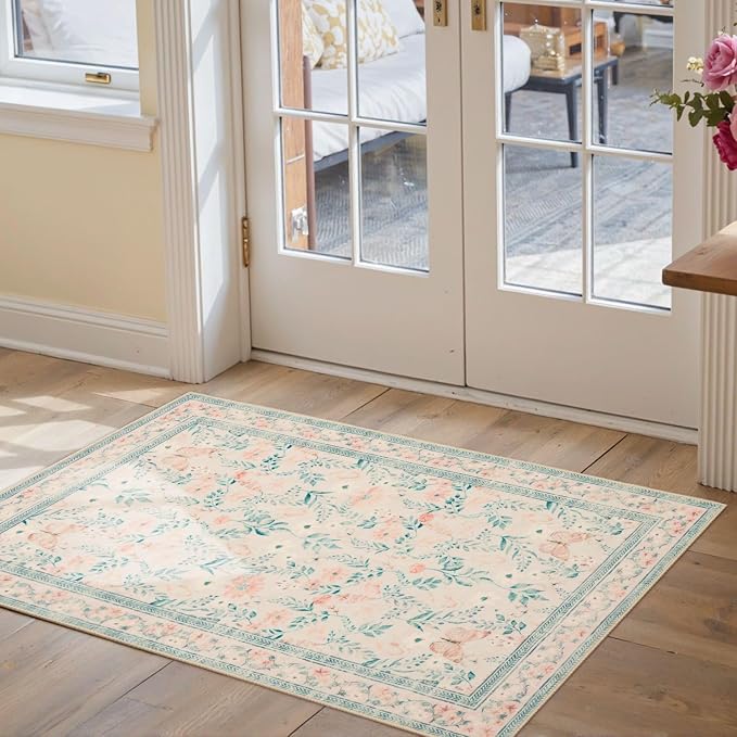 Pink Door Mat Floral Entryway Rug, Washable Samll 2x3 Rug, Boho Front Door Mat by Rugxara