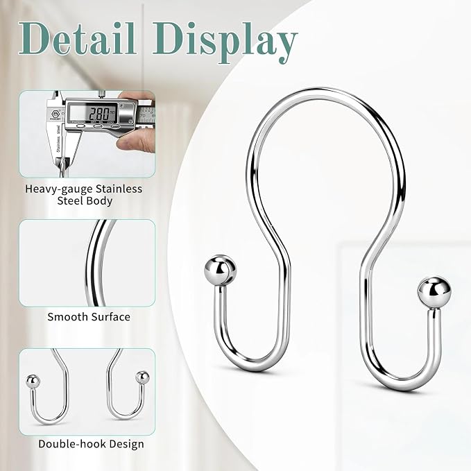 Goowin Shower Curtain Hooks, Stainless Steel Shower Curtain Hangers, Metal - Image 4