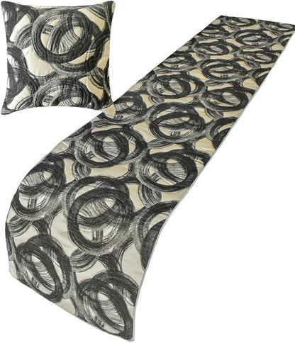 The HomeCentric King/Queen/Twin Black Decorative Twin 53"x18" Bed Runner with Pillow Cover, Circle, Rings, Quilted Bed Scarf on Jacquard Fabric - Circlewise