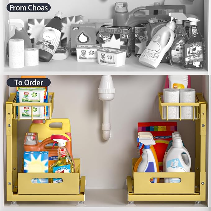 L-Shaped Under Sink Organizer, 2 Pack 2-Tier Pull Out Metal Kitchen Cabinet - Image 2