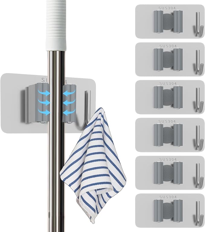 6 Pack Stainless Steel Mop and Broom Holders – Wall Mounted Grippers by Unknown