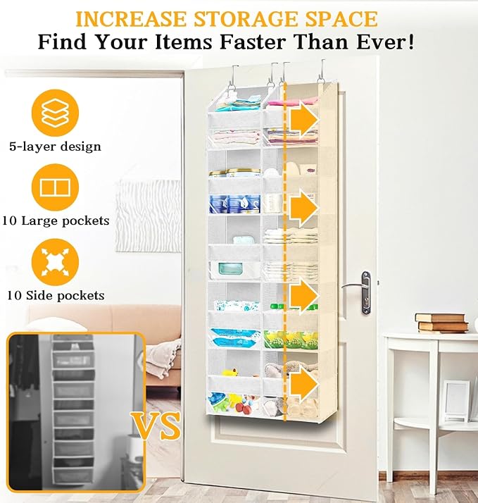 Over The Door Organizer 5 Tiers, Extra Large Behind Door Storage of 10 - Image 3