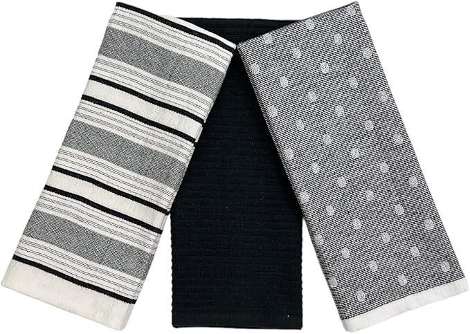 Black White Kitchen Hand Dish Towels: Oversized 28" x 16", 100% Cotton Cloth by SerafinaHome