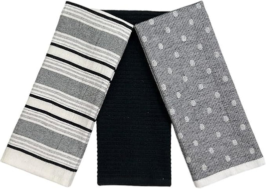 Black White Kitchen Hand Dish Towels: Oversized 28" x 16", 100% Cotton Cloth by SerafinaHome