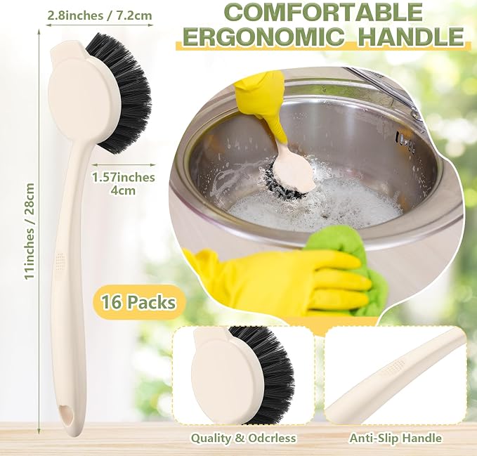 16 Pack Dish Brush with Handle Dish Scrubber Brush with Built-in Scraper - Image 2
