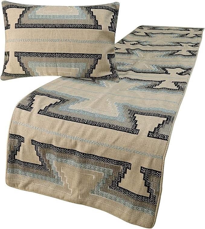 The HomeCentric King Queen Twin Blue & Ivory Handmade Queen 74"x18" Bed Runner with 2 Pillow Cover, Embroidered Bed Scarf on Cotton Fabric - Aztec Armour