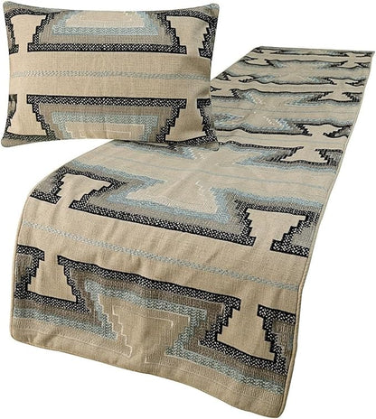 The HomeCentric King Queen Twin Blue & Ivory Handmade Queen 74"x18" Bed Runner with 2 Pillow Cover, Embroidered Bed Scarf on Cotton Fabric - Aztec Armour