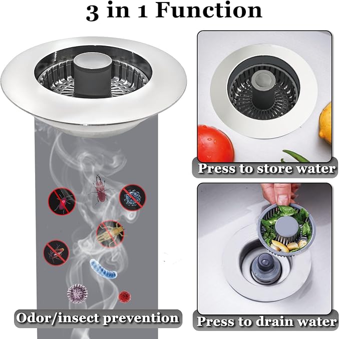 3 in 1 Kitchen Sink Stopper, Pop Up Kitchen Sink Drain Strainer, - Image 2