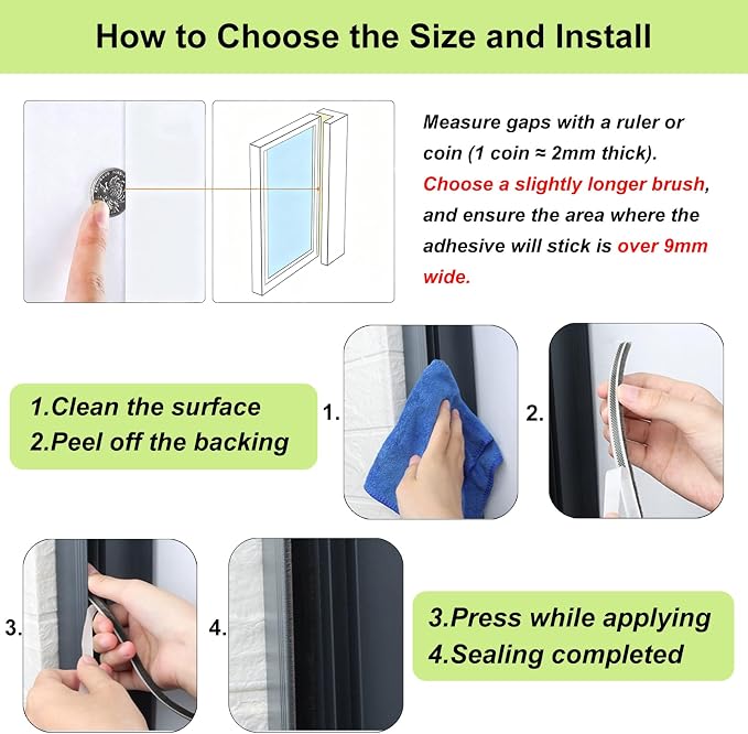 Strong Adhesive Brush Weather Stripping, 0.2in Thick x 0.4in x 66FT, Winter - Image 6