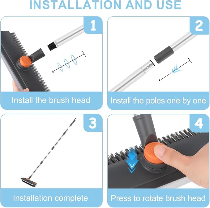 Floor Scrub V Brush with Long Handle 4 in 1 Silicone Scrape and Stiff Bristle - Image 8