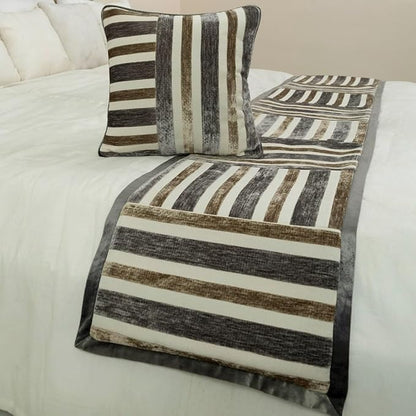 The HomeCentric King/Queen/Twin Beige & Grey Designer King 90"x18" Bed Runner Without Pillow Cover, Patchwork Bed Scarf on Velvet Fabric - Striation