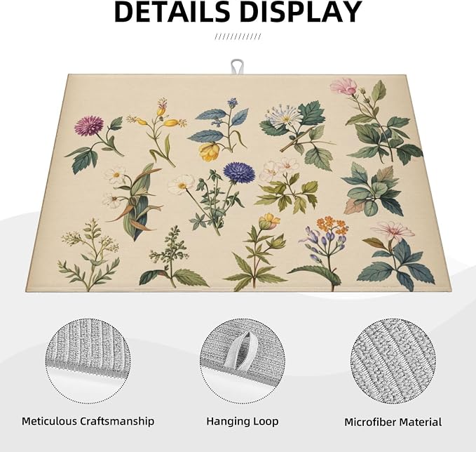 Vintage Plants Herbs Floral Dish Drying Mat Highly Absorbent Double-Sided - Image 5