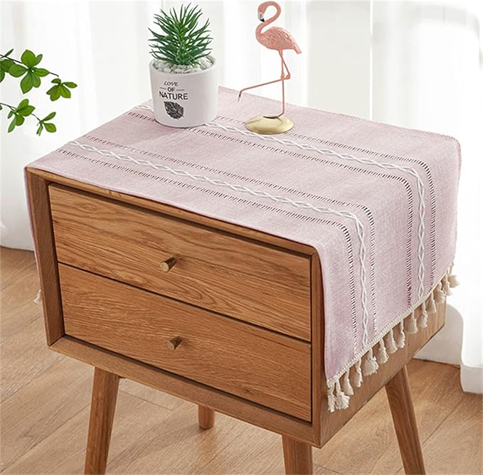 Bedside Table Cloth with Tassel Small Table Cover for Nightstand,Bedside Table TV Microwave (Pink, 17.7 * 39.4inches)