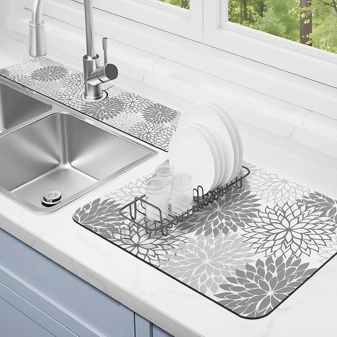 Dish Drying Mat for Kitchen Counter Matt, Super Absorbent Non-slip Rubber Backed by Kuyig+Home