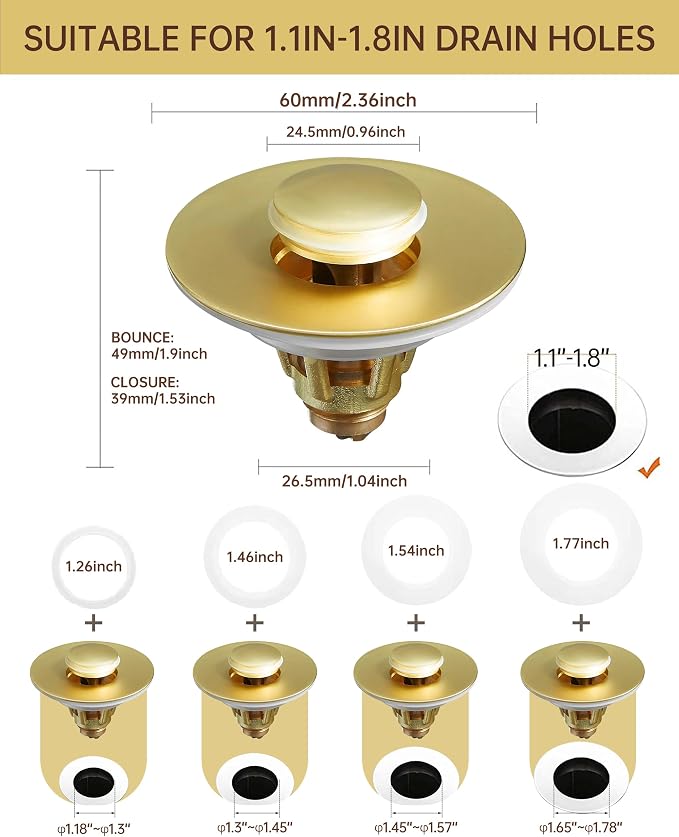 Fransiton Bathroom Sink Drain Stopper, 1.1-1.77 Inch Basin Pop Up Sink Drain - Image 2