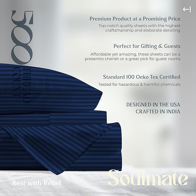 Mayfair Linen 100% Cotton Striped Sheets Split King Size Bed Set - 500 Thread Count Damask Split King Sheets for Adjustable Bed, 5 PC Set (Navy Blue Stripe), Cooling, Sateen 16" Deep Pocket Bedsheet