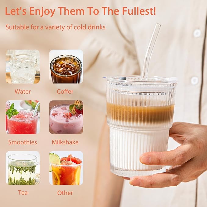 13oz Glass Tumblers with Lids and Straws, Cold Beverages, Includes Cleaning - Image 4