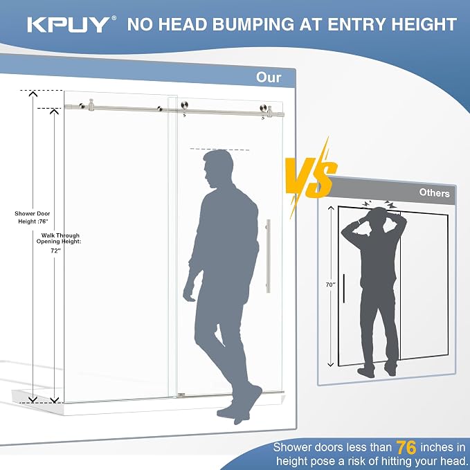 KPUY Frameless Shower Door, 61-66" W x 76" H Sliding Glass Shower Door - Image 2