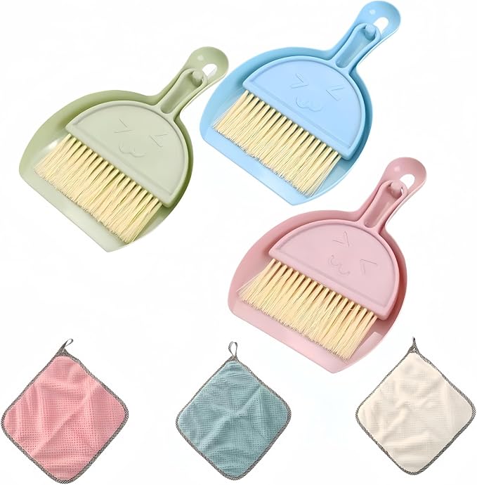 Mini Broom and Dustpan Set + Three-Color Cleaning Cloth, Suitable by Unknown