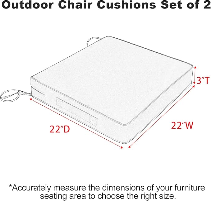 Favoyard Patio Chair Cushions 22 x 22 x 3 Inch Waterproof Outdoor Seat Cushions for Patio Furniture 3-Year Color Fastness Garden Sofa Couch Pads with Handle & Adjustable Straps Set of 2, Blue