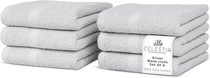 100% Cotton Wash Cloth for face & Body Set of 6, Sustainable, Highly Absorbent by VillaCelestia