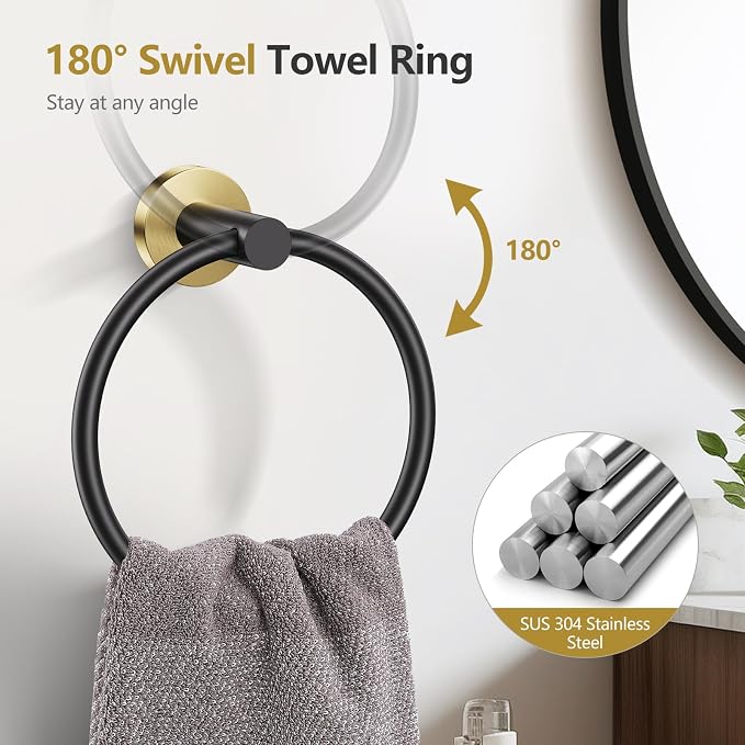 TQKAG Black and Gold 5 Piece Bathroom Hardware Accessories Set 23.6" SUS304 - Image 4