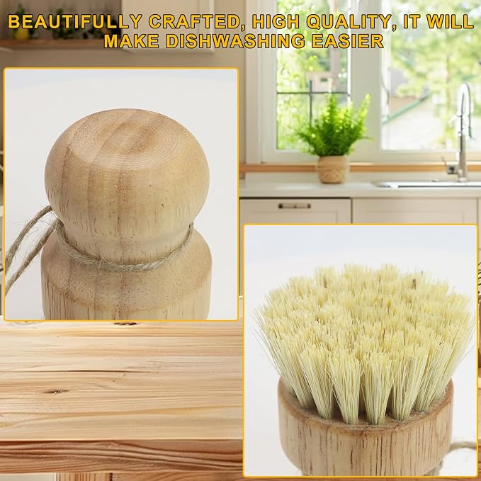 Bamboo Dish Brush, Kitchen Dish Brush Natural Sisal Bristles - Image 3
