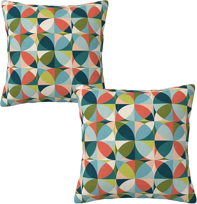 bassyil Geometric Mid Century Modern Colors Throw Pillow Covers Decorative Linen Pillow Cases Set of 2 Square Cushion Cover for Couch Sofa Bedroom Patio 18x18 Inch