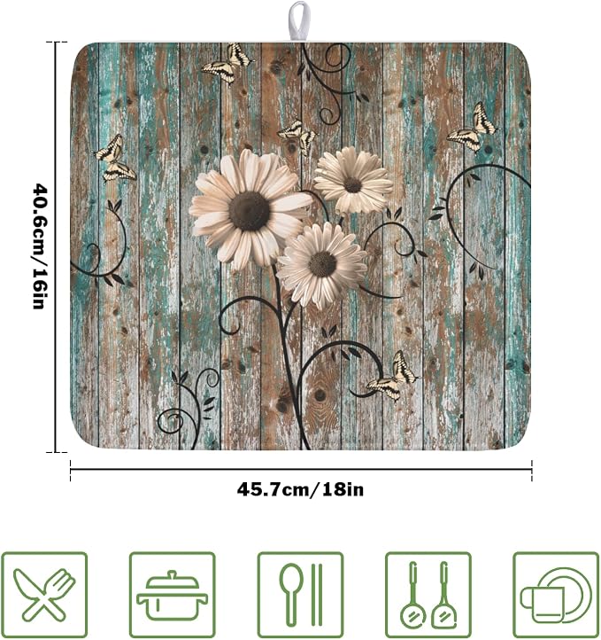 Spring Daisy Dish Drying Mat for Kitchen Counter 16 x 18 Inch Vintage Farmhouse - Image 2