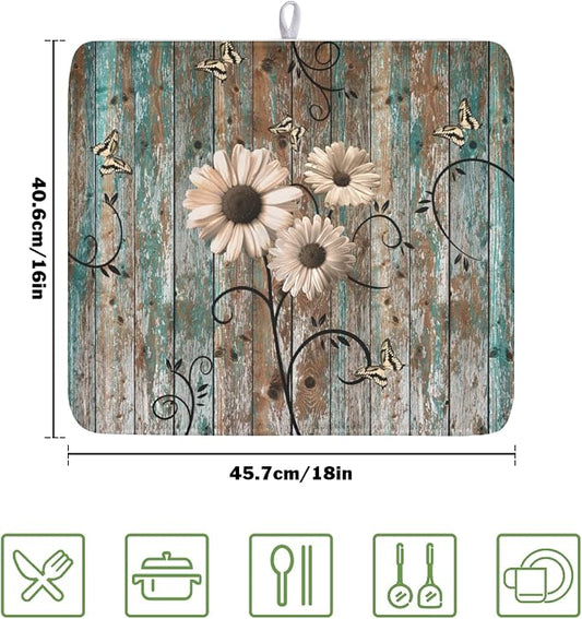 Spring Daisy Dish Drying Mat for Kitchen Counter 16 x 18 Inch Vintage Farmhouse - Image 2