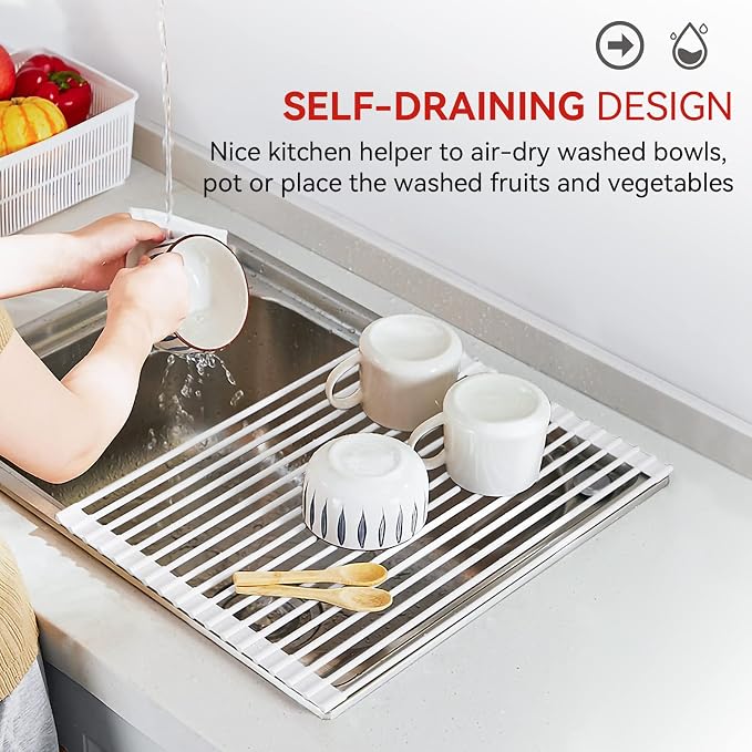 MERRYBOX Roll Up Dish Drying Rack, Silicone Wrapped Over The Sink Dish Rack - Image 8