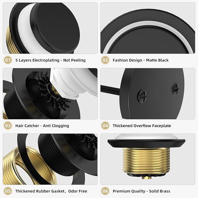 Matte Black Tub Drain Kit with Hair Catcher, Premium Brass Tip-Toe Bathroom Tub - Image 2