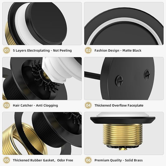 Matte Black Tub Drain Kit with Hair Catcher, Premium Brass Tip-Toe Bathroom Tub - Image 2
