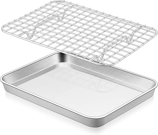 E-far Baking Sheet with Rack Set, 9.5” x 7.3” Stainless Steel Cookie Sheet by E-far