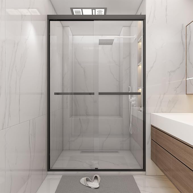 Shower Door 44-48" W * 72" H, Matte Black Double Sliding Shower Door by BathlinkBathroom