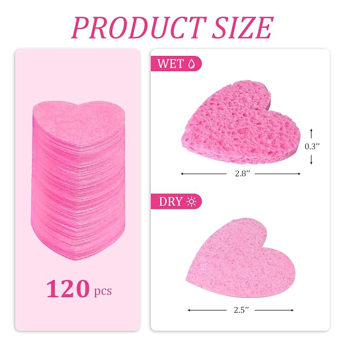 Women 120-Count Compressed Cellulose Heart Shape Face Facial Sponges 100% - Image 7