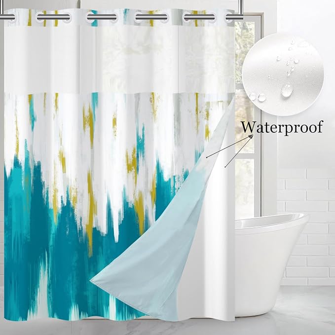 No Hook Shower Curtain with Snap in Liner, Hotel Style Teal Blue White Gold - Image 2