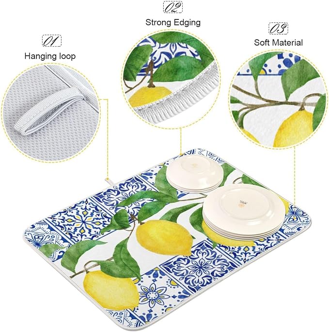 Lemon Blue Tiles Dish Drying Mat - Image 3