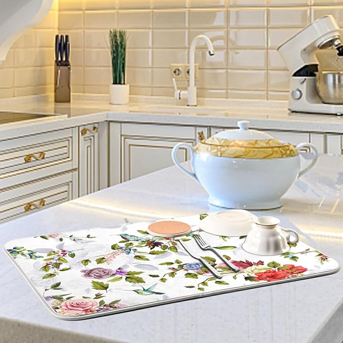 Tarity Rose Peony Poppy Hummingbirds Dish Drying Mat - Image 6