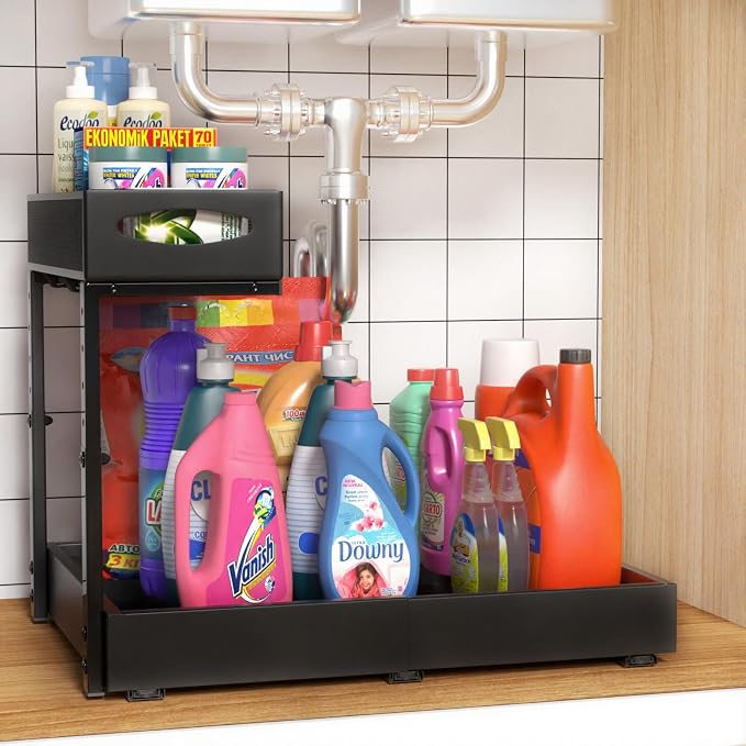 Housolution Under Sink Organizer, 2 Tier Metal Pull Out Under Sink Storage Rack by Housolution