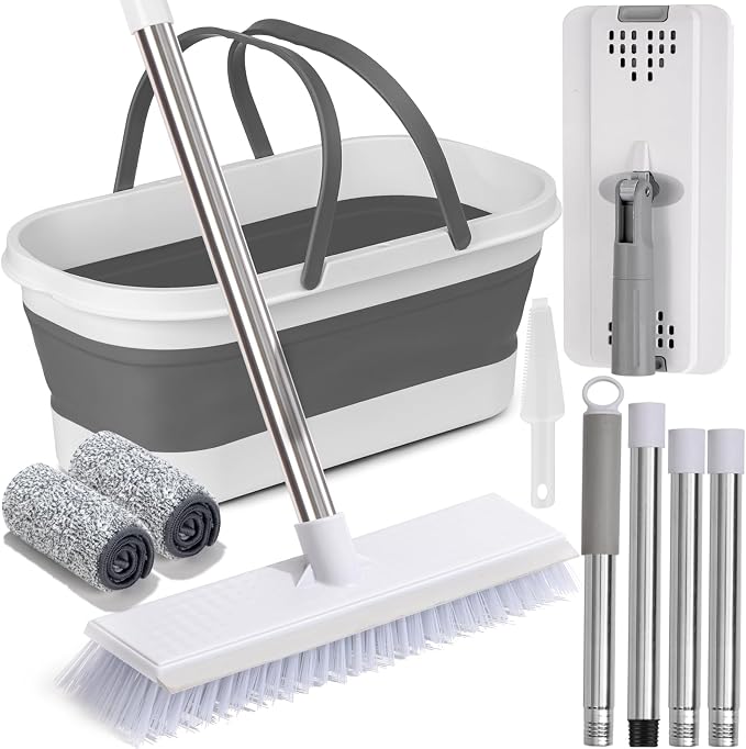 Flat Mop and Bucket Set with Heavy Duty Scrub Brush, 2 Washable Reusable by AUTODECO