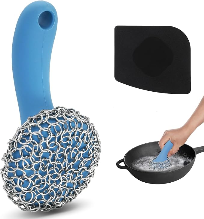 Cast Iron Scrubber with Long Handle | 316 Cast Iron Cleaner Chainmail Scrubber by TMEDW