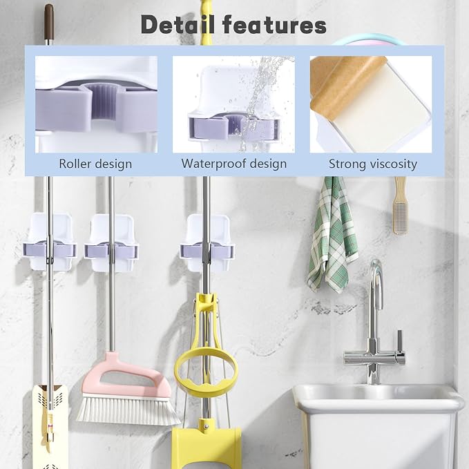 4 Pack Mop and Broom Holder Wall Mount, Self Adhesive Broom Hanger, Mop Gripper - Image 3
