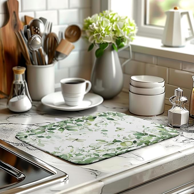 Sage Green Dish Drying Mat for Kitchen Counter Eucalyptus Leaves Plant Dishes - Image 6