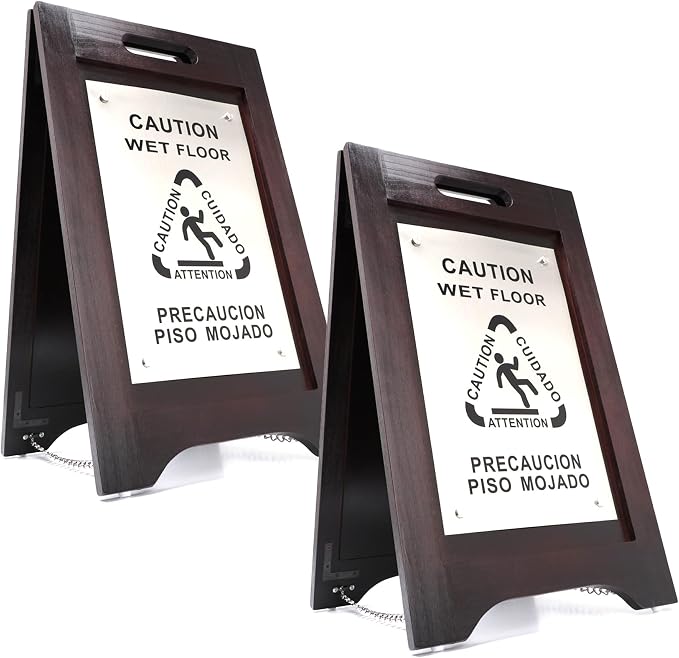 Premium Wooden Caution Wet Floor Sign – Bilingual w/Non-Skid Plastic Feet – by WholesaleHotelProducts