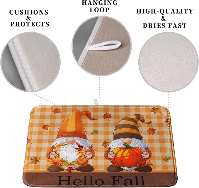 Hello Fall Autumn Gnomes Dish Drying Mat 18x24 Thanksgiving Pumpkin Maple - Image 3