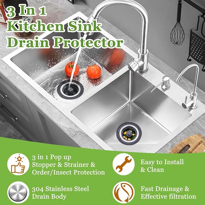 3 in 1 Kitchen Sink Drain Strainer and Stopper Combo, Stainless Steel Pop Up - Image 6