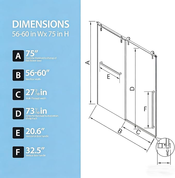 Frameless Shower Door, 56-60" W x 75" H 5/16" 8mm Glass Sliding Shower Doors - Image 8