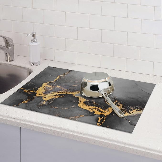 Black Gray Gold Marble Kitchen Drying Mat Abstract Modern Microfiber Dish - Image 5