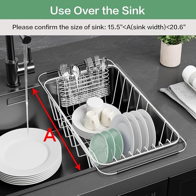 Small Dish Drainer Rack in Sink Adjustable, Expandable Stainless Steel Metal - Image 3